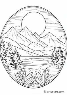 a mountain landscape with trees and mountains in the background, outlined in black and white