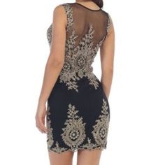 This Is A Sleeveless Black Dress With Golden Floral Embroidery Placed Around Different Sections Of The Dress. They Can Be Found In The Upper Half Of The Chest And Back Area As Well As All Around The Very Bottom. It Is Made Of 100% Polyester. The Second Image Depicts The Front Half Of The Black Dress; It Has Been Provided To Display The Dress Better. Sleeveless Embroidered Mini Dress For Evening, Fitted Sleeveless Embroidered Dress For Evening, Embroidered Sleeveless Evening Mini Dress, Embroidered Sleeveless Mini Dress For Evening, Sleeveless Embroidered Mini Dress For Cocktail, Sleeveless Embroidered Cocktail Mini Dress, Elegant Fitted Sleeveless Embroidered Dress, Embellished Sleeveless Embroidered Dress, Sleeveless Fitted Embroidered Cocktail Dress