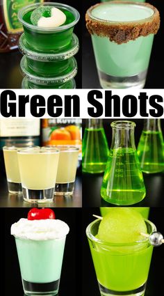 green shots in different glasses with the text overlay that says,'green shots '