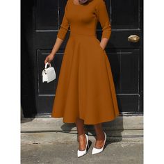 Season:Winter,Fall; Fabric:Polyester; Sleeve Length:3/4 Length Sleeve; Look After Me:Machine wash; Gender:Women's; Style:A Line,Elegant,Streetwear; Elasticity:Micro-elastic; Occasion:Daily,Street,Date; Fit Type:Slim; Dresses Type:White Dress,Casual Dress,Swing Dress,A Line Dress; Design:Pocket; Neckline:Crew Neck; Listing Date:11/24/2023; Bust:; Length:; Shoulder Width:; Sleeve:; Waist:; Fit US Size:; Fit UK Size:; Fit EU Size:; Dress Length Type:Midi Dress; Print Type:non-printing Corporate Dresses, Church Dress, Line Dresses, Elegant Maxi Dress, Elegant Pattern, A Line Dresses, Church Outfits, Maxi Dress Evening, Daily Dress