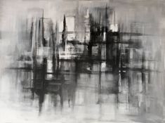 an abstract painting with black and white colors