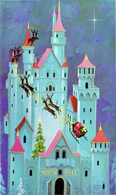 a painting of santa flying in front of a castle with reindeers and sleigh