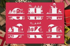 a red christmas card with white silhouettes of santa's sleigh, gifts and presents