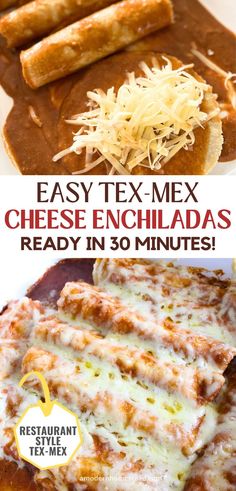 2 homemade cheese enchiladas on a white plate with a side of refried beans, the tray of cheese enchiladas in the background with a text overlay that says restaurant style cheese enchiladas ready in 30 minutes enjoy fresh or frozen Enchiladas Restaurant Style, Cheese Enchilada Recipe, Homemade Red Enchilada Sauce, Enchiladas Corn Tortillas, Best Enchiladas, Enchilada Recipe, Red Enchiladas, Cheese Enchiladas