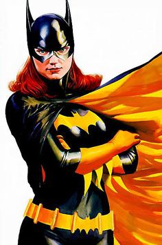 a painting of a woman dressed as batgirl with red hair and yellow cape standing in front of a white background