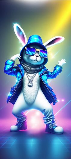 an animated rabbit dressed in blue and white clothes with sunglasses on his head, dancing