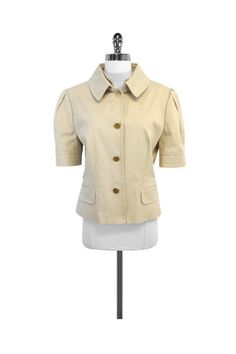 Current Boutique-Dolce & Gabbana - Khaki Cotton Blend Short Sleeve Jacket Sz L Padded Shoulder Tops For Workwear In Fall, Fitted Tops With Padded Shoulders For Fall, Tailored Short Sleeve Outerwear For Spring, Fitted Tops With Padded Shoulders For Spring, Fitted Collared Blazer, Single Breasted Short Sleeve Blazer For Fall, Fitted Single Breasted Collared Blazer, Classic Short Sleeve Single Breasted Outerwear, Classic Fitted Short Sleeve Blazer