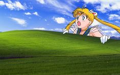 the anime character is peeking out from behind a green field with blue sky and clouds in the background