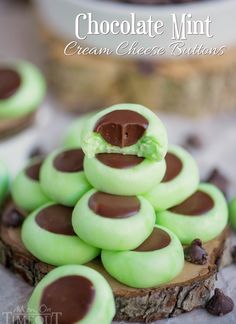 chocolate mint button cookies stacked on top of each other