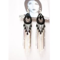 These statement earrings are composed of stiffened, hand dyed black vintage lace, with chains of various finishes in a gradient-patterned fringe which gives them a 60's inspired look. -------------------------------------------------------------- For similar style but a little more simple earrings, see this other listing here: https://www.etsy.com/ca/listing/60915021/lace-earrings-single-feather-white-or?ref=listings_manager_grid -------------------------------------------------------------- * T Bohemian Long Drop Chandelier Earrings For Parties, Handmade Evening Chandelier Dangle Earrings, Bohemian Dangle Chandelier Earrings For Evening, Handmade Chandelier Earrings For Evening, Black Metal Chandelier Earrings For Party, Bohemian Chandelier Dangle Earrings For Evening, Bohemian Evening Chandelier Dangle Earrings, Elegant Dangle Chandelier Earrings For Festivals, Elegant Long Drop Earrings For Festivals