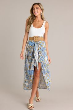 Free Spirit Blue Multi Faux Wrap Skirt Sorority Rush Dresses, Blue Maxi Skirt, Faux Wrap Skirt, Rush Dresses, Cardigan Crop Top, Multi Pattern, Dress Bra, Blue Maxi, Long Crop Top