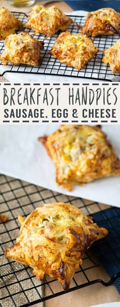 breakfast hand pies with sausage, egg and cheese on cooling rack next to glass of beer