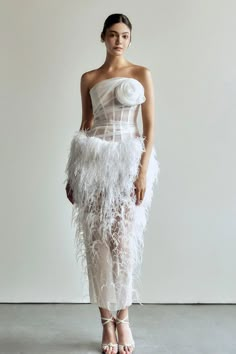 Gimaya Pegged Straight Across Neck Feathers Midi Dress | MEAN BLVD Unique Party Dress, Feather Wedding Dress, Feather Dresses, Italy Wedding Dress, Feathers Dress, Dress With Feathers, Lace Pencil Dress, Mean Blvd, Womens Wedding Dresses