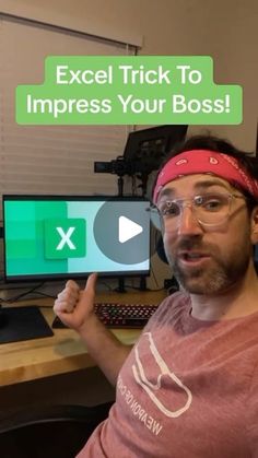 a man is holding up a computer screen with the words excel trick to impress your boss