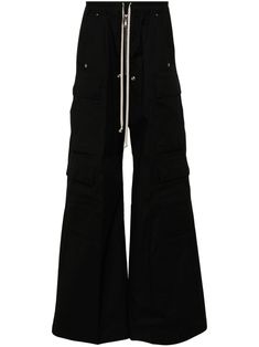 black cotton blend zip fly fastening elasticated drawstring waistband wide leg two side slit pockets multiple cargo pockets two rear welt pockets straight hem long length Rick Owens Pants, Long Cargo Pants, Class G, Drawstring Cargo Pants, Clothing Mockup, Airport Fashion, Cargo Trousers, Urban Chic, Lingerie Fashion