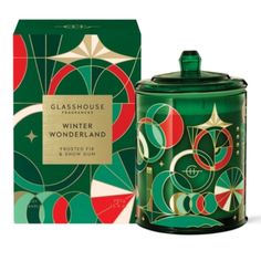 glasshouse winter wonderland frosted out & snow on candle in green tin with box