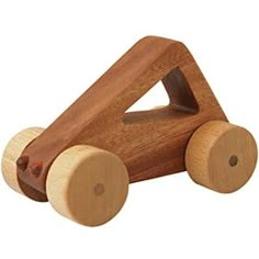 a wooden toy car with wheels on a white background