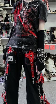 Cool Alt Outfits Male, Alt Punk Fashion, Red Emo Outfits Male, Scene Punk Outfits, Fem Guy Outfits, Scene Aesthetic Outfits Male, Vkei Outfits Masc, Alt Outfit Ideas Masc, Emo Outfits Masc