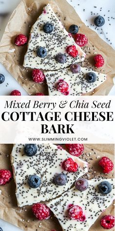 two pieces of cheese with berries and chia seeds on top are shown in this image