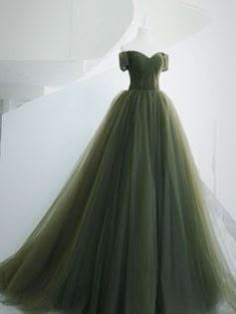 Green Tulle Dress With Short Sleeves, Green Long Prom Dress, Prom Dress Off The Shoulder, Green Formal Dress, Floor Length Prom Dress, Green Formal Dresses, Tulle Party Dress, A Line Prom Dress, Green Tulle