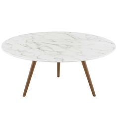 a white table with wooden legs and a round marble top, on a white background