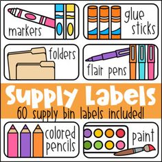 an image of supply labels with crayons and pencils on the bottom one