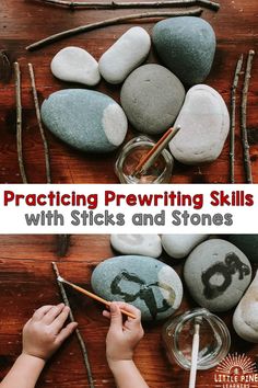 two pictures with rocks and writing on them, one has the words practicing prewring skills