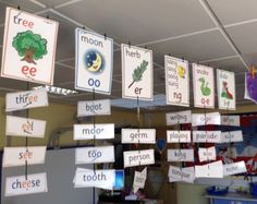 there are many signs hanging from the ceiling in this classroom room that say different words