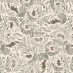 an abstract pattern with birds and plants on it's back ground, in grey and white