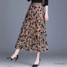 Lasaky - Chiffon A-Line Skirt with Flared Hem and High Waist for a Polished Look Womens Plaid Dress, Mesh Midi Skirt, Flared Midi Skirt, Tulle Maxi Skirt, Polyester Skirt, Midi Flare Skirt, Elegant Embroidery, Floral Print Chiffon, Flowers Fabric