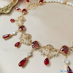 OrcaJump - Exquisite Lolita Crystal Necklace - Available in 3 Striking Colors Aphrodite Aesthetic Jewelry, Gold Princess Jewelry, Red And Gold Necklace, Rubies Jewelry Necklaces Beads, Royal Jewelry Aesthetic, Bridgerton Jewellery, Red Gold Jewelry, Bridgerton Jewelry, Victorian Jewelry Necklace