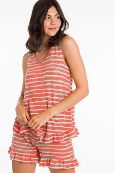 Summer Sleepwear With Ruffles, Striped Summer Tank Top For Vacation, Striped Sleepwear For Summer Vacation, Casual Striped Short Tops, Casual Striped Tank Top For Vacation, Playful Striped Tops For The Beach, Playful Striped Tops For Beach, Striped Sleepwear For Vacation, Casual Striped Sleepwear For Summer