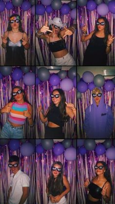 a collage of photos with people at a party wearing sunglasses and holding up balloons