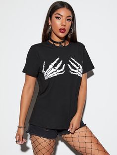 Skeleton Hand Print Tee | SHEIN USA Punk Skeleton, Printed Tee Women, Skull Hand, Skeleton Hand, Skeleton Hands, Latest T Shirt, Women T Shirts, Custom Tees, Print Tee