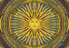 the sun is surrounded by many different colors and shapes, including an intricate design on the face