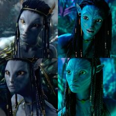 three different pictures of an alien woman with blue hair and green eyes, one in the middle