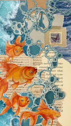 an altered collage with gold fish and water