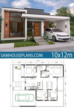 the floor plan for a small house with two cars parked in front of it and one car