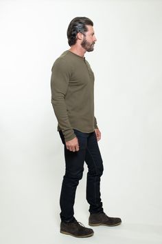 KNITTED HENLEY T-SHIRT IN MILITARY GREEN Casual Green T-shirt For Everyday, Green Relaxed Fit T-shirt, Green Relaxed Fit Comfortable T-shirt, Comfortable Green Tops For Fall, Comfortable Green Fall Tops, Casual Henley Neckline T-shirt, Green Casual T-shirt For Everyday, Green Stretch Casual Top, Casual Cotton Crew Neck Henley