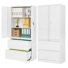 an office cabinet with drawers and file cabinets in white, isolated against a white background