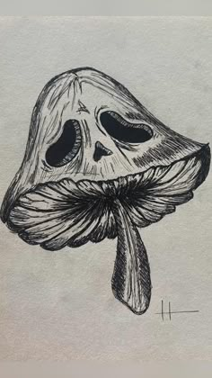 a black and white drawing of a skull with a mushroom on it's head