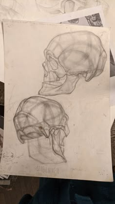 a drawing of two human skulls on top of a piece of paper next to each other