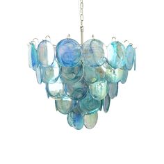 a blue chandelier hanging from a chain