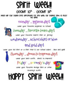 a poster with the words happy spirit week written in different font and colors on it