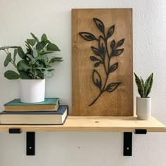 two books and a potted plant are sitting on a shelf next to a wooden plaque