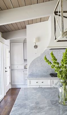 a vase filled with green plants sitting on top of a counter