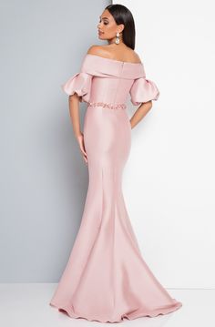 Terani Couture - 1811M6550 Puff Sleeve Off-Shoulder Mermaid Dress – Couture Candy Off Shoulder Mermaid Dress, Hot Pink Prom, Hot Pink Prom Dress, Portrait Neckline, Mikado Fabric, Mother Of The Groom Dresses, Terani Couture, Couture Mode, Sophisticated Dress