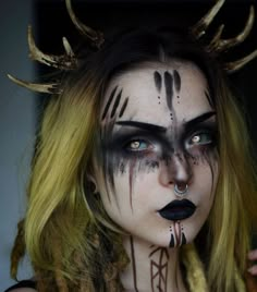 Dark Viking Makeup, Earth Witch Makeup Ideas, Lilith Goddess Makeup, Female Demon Makeup Halloween, Mens Demon Makeup, Drow Elf Makeup, Viking Seer Makeup, Tiefling Cosplay Makeup, Dark Sorceress Makeup