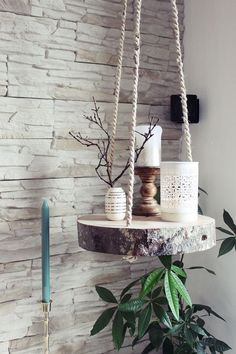 a potted plant sitting on top of a wooden shelf next to a candle holder