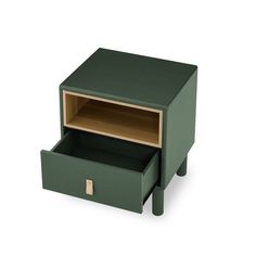 a green nightstand with an open drawer